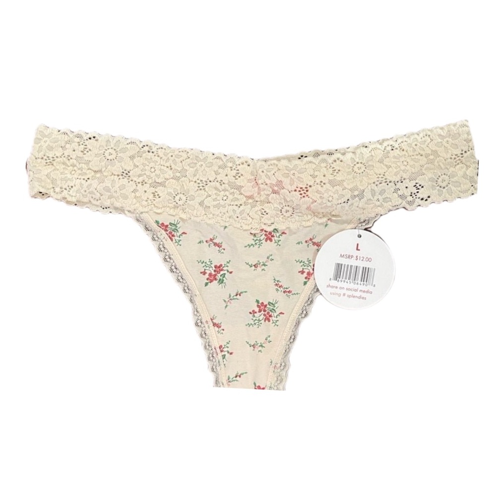 NWT Splendies Thong Cream, Floral White, Floral, Cream Lace Trim Large